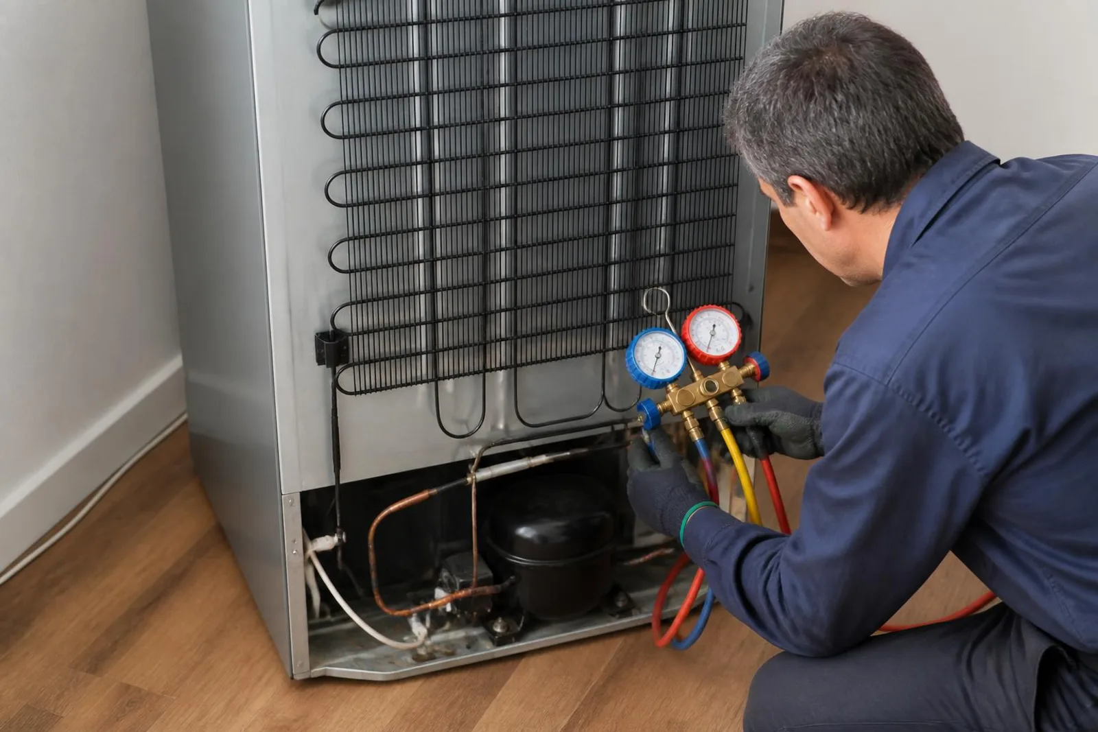 Compressor and condenser coils at the back of a refrigerator