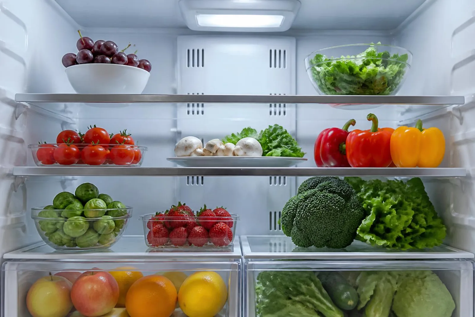 Inside of a refrigerator with shelves and cooling vents visible