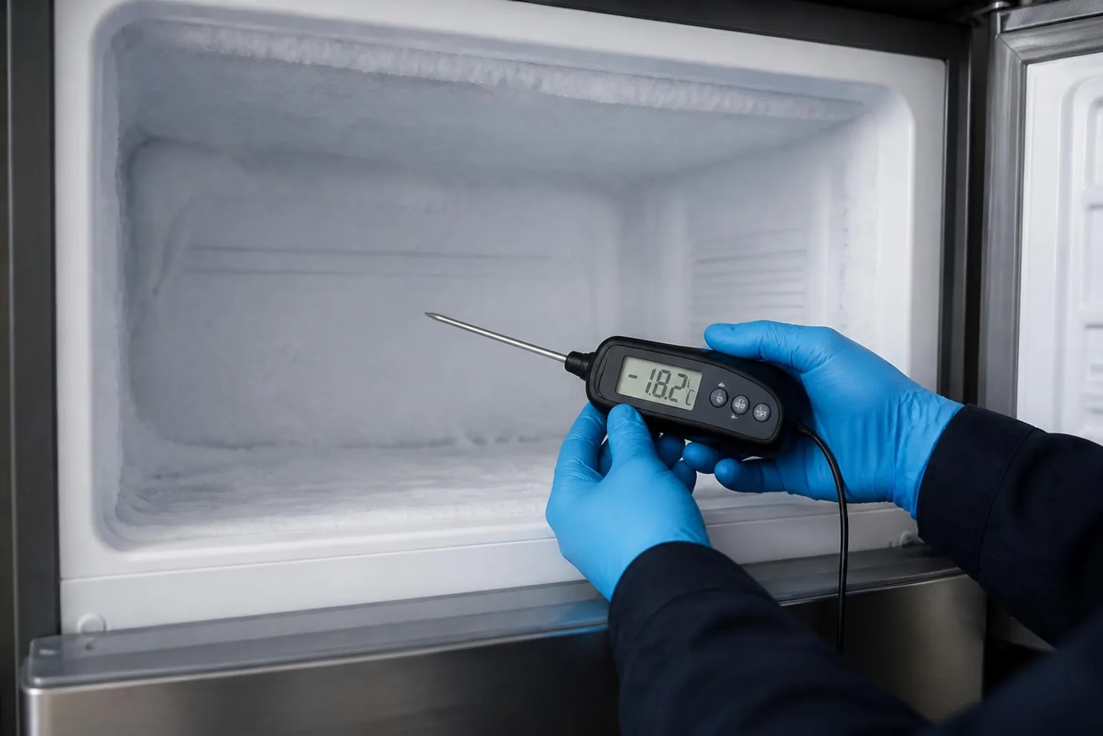 Frost on a freezer evaporator cover being checked with a probe