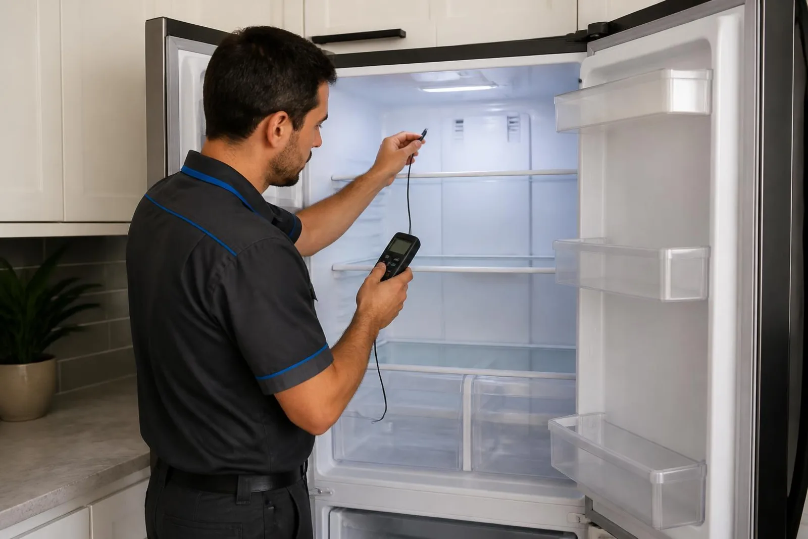 Technician checking cooling inside an open LG double-door refrigerator