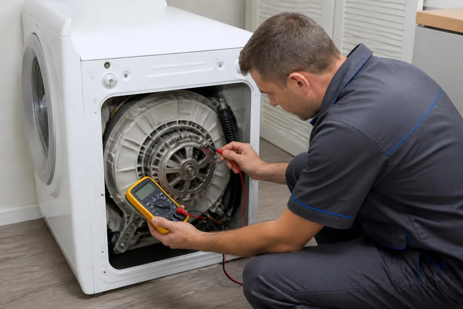 Technician testing the Direct Drive motor of an LG washing machine at a home in Mysore