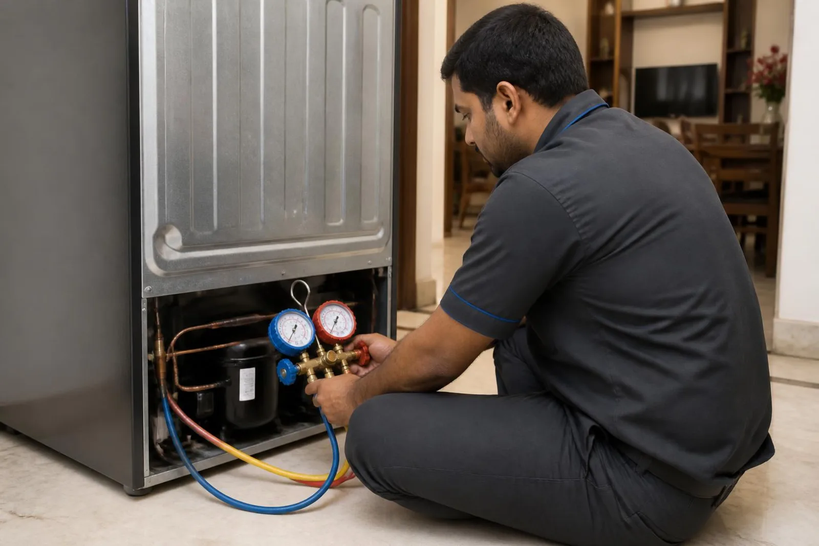 Rear of a Samsung refrigerator opened with pressure gauges connected