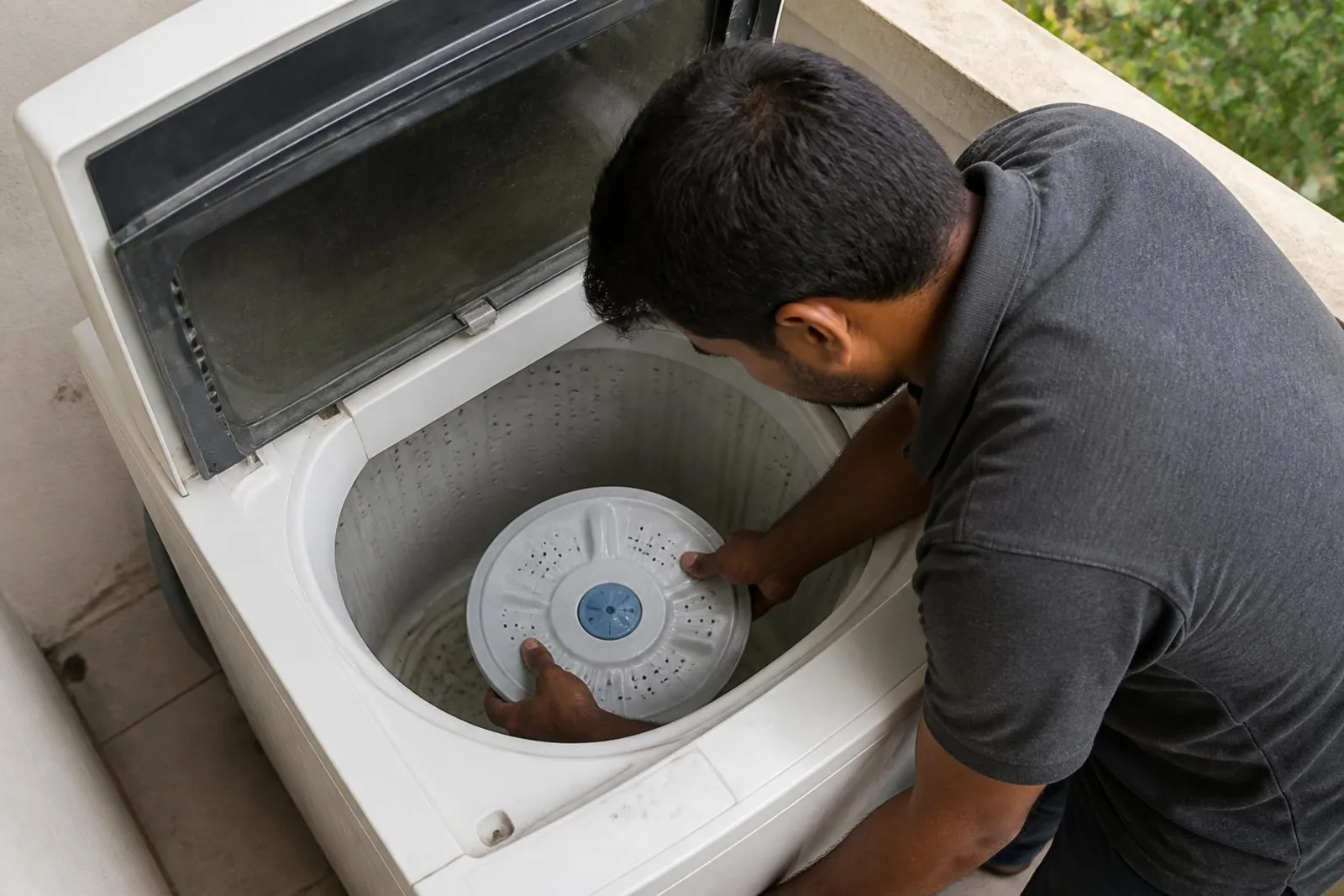 Top-load washing machine with the lid open during inspection