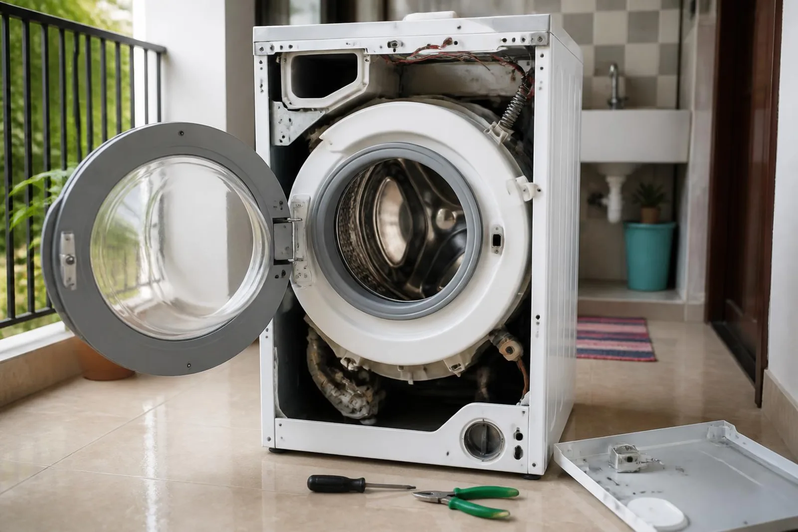 Technician repairing a front-load washing machine at home