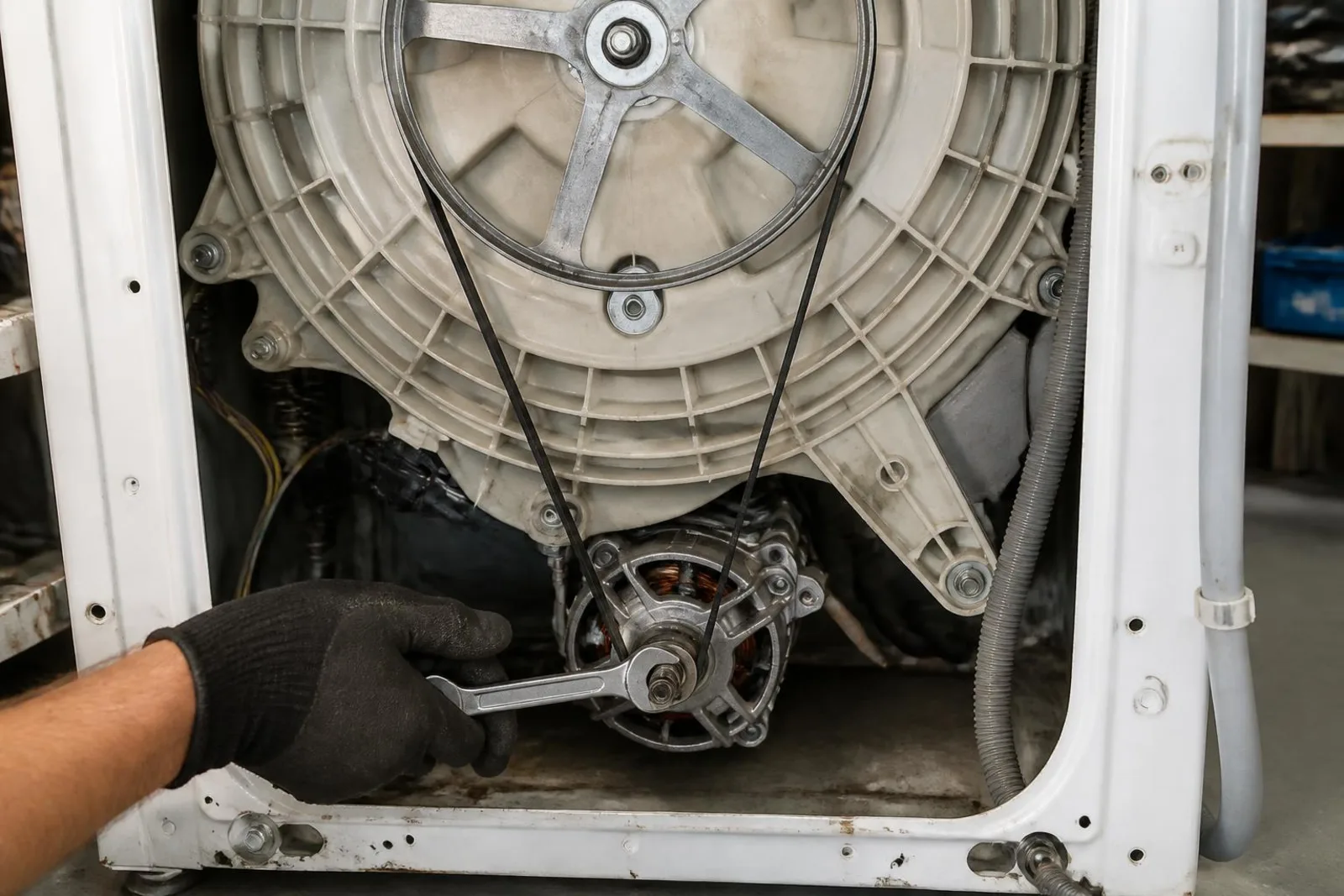 Drive motor and drum assembly behind a washing machine's rear panel